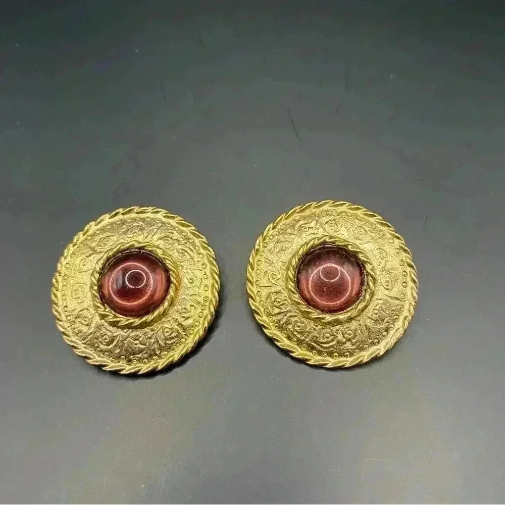 VGT Ellen Designs Couture Clip-on Earrings Red Enamel Gold-tone Front & Backing